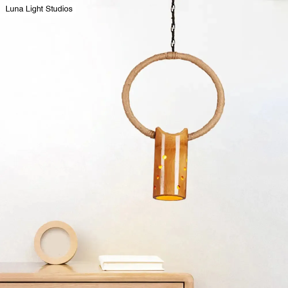 Bamboo Rustic Bistro Pendant Light with Beige Ring