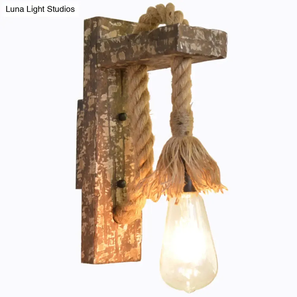 Bare Bulb Wall Light Fixture – Beige Jute Rope, Wood Backplate – Warehouse Style