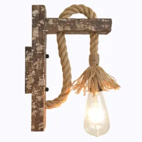 Bare Bulb Wall Light Fixture – Beige Jute Rope, Wood Backplate – Warehouse Style