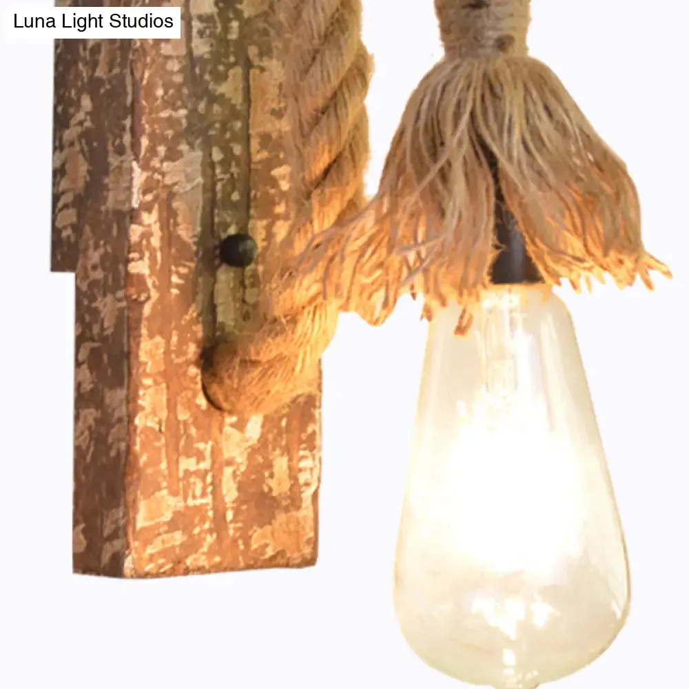 Bare Bulb Wall Light Fixture – Beige Jute Rope, Wood Backplate – Warehouse Style