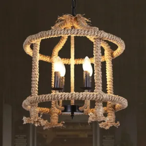 Beige 4-Light Chandelier: Traditional Rope Cylinder Pendant Lamp for Dining Room