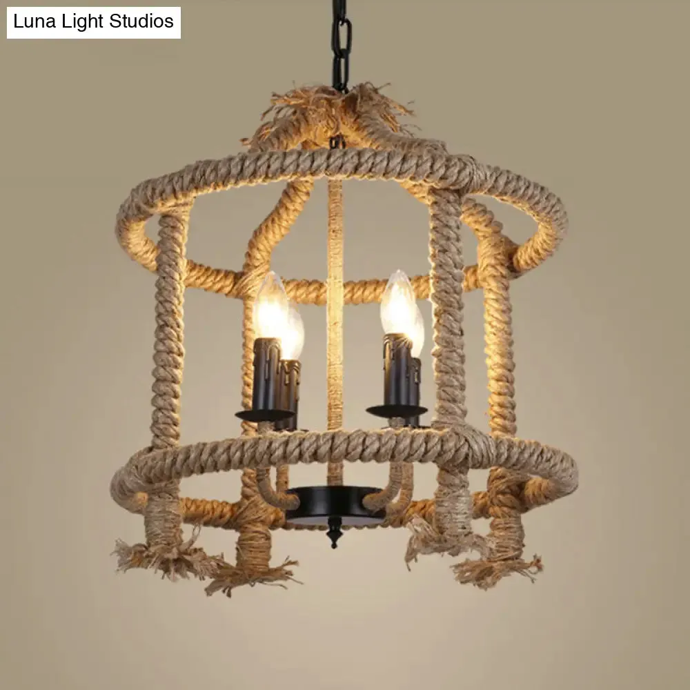 Beige 4-Light Chandelier: Traditional Rope Cylinder Pendant Lamp for Dining Room