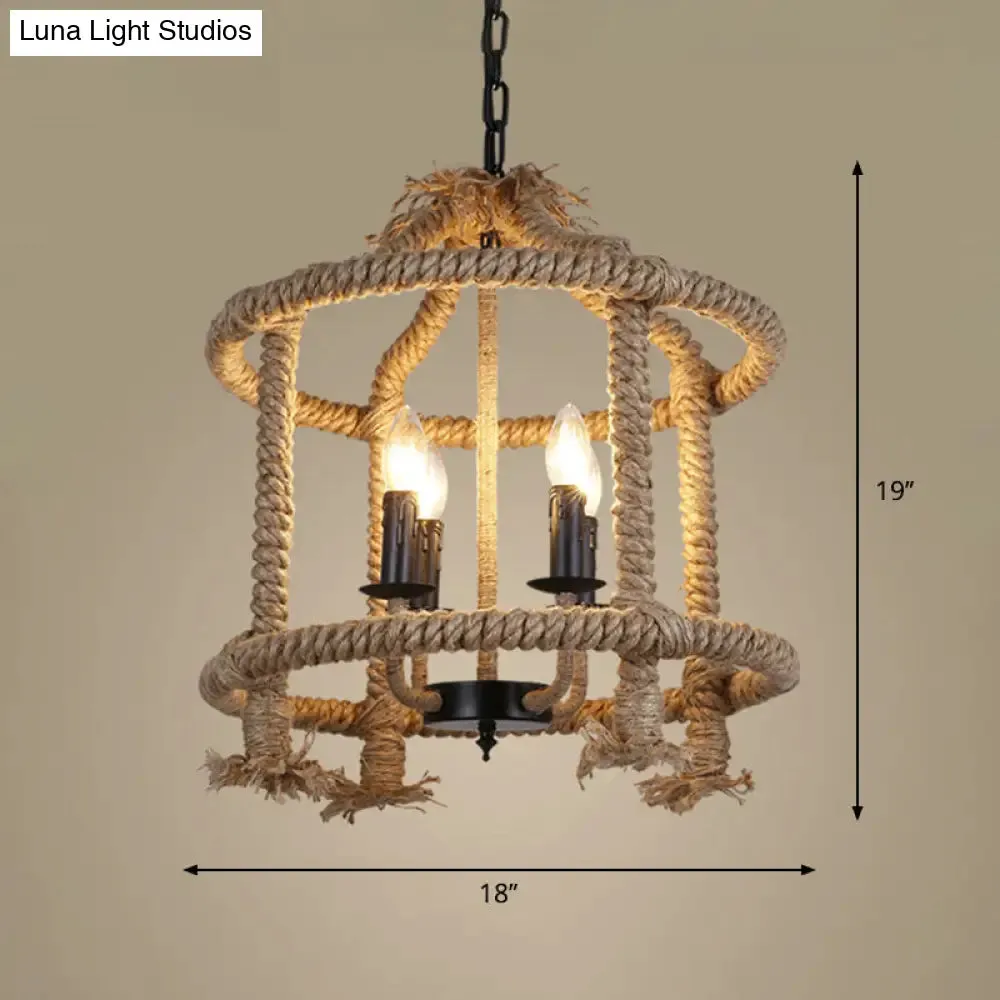 Beige 4-Light Chandelier: Traditional Rope Cylinder Pendant Lamp for Dining Room