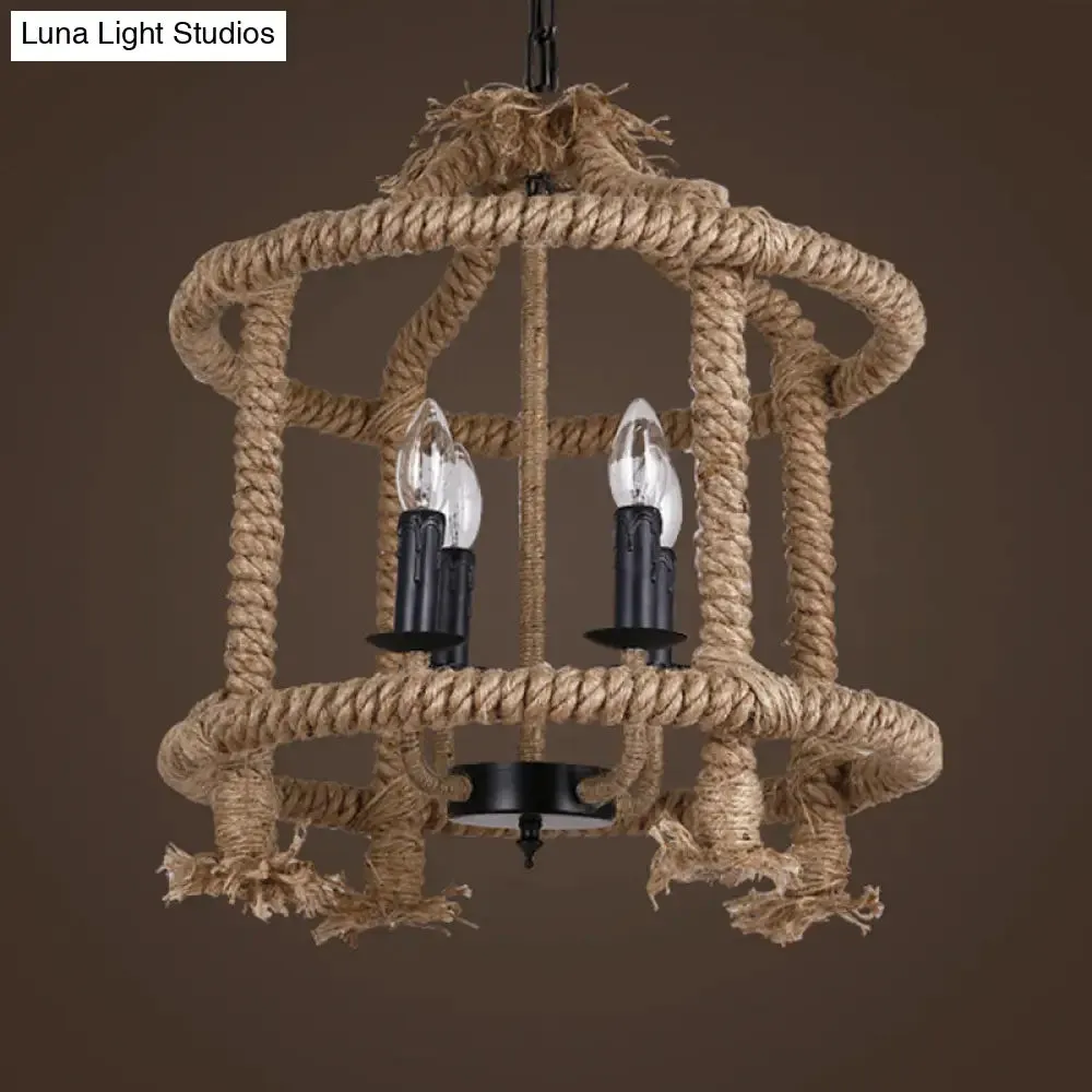 Beige 4-Light Chandelier: Traditional Rope Cylinder Pendant Lamp for Dining Room