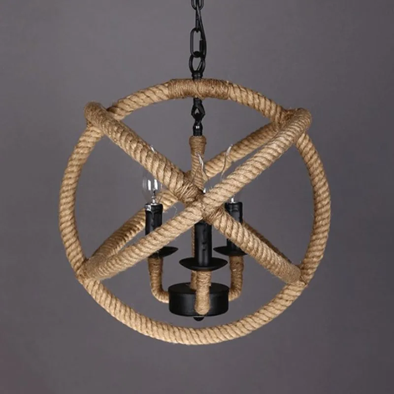 Beige Factory Globe Chandelier Lamp - 3 Heads Pendant Lighting Fixture with Hemp Rope