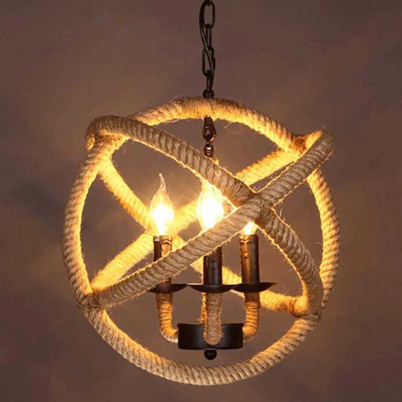 Beige Factory Globe Chandelier Lamp - 3 Heads Pendant Lighting Fixture with Hemp Rope