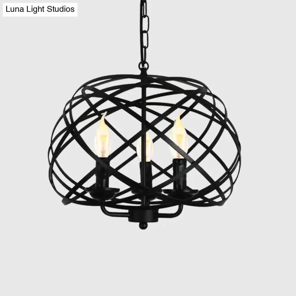 Black Metal Geometric Ceiling Light with Cage Shade - Industrial Kitchen Chandelier (3 Bulbs Included)