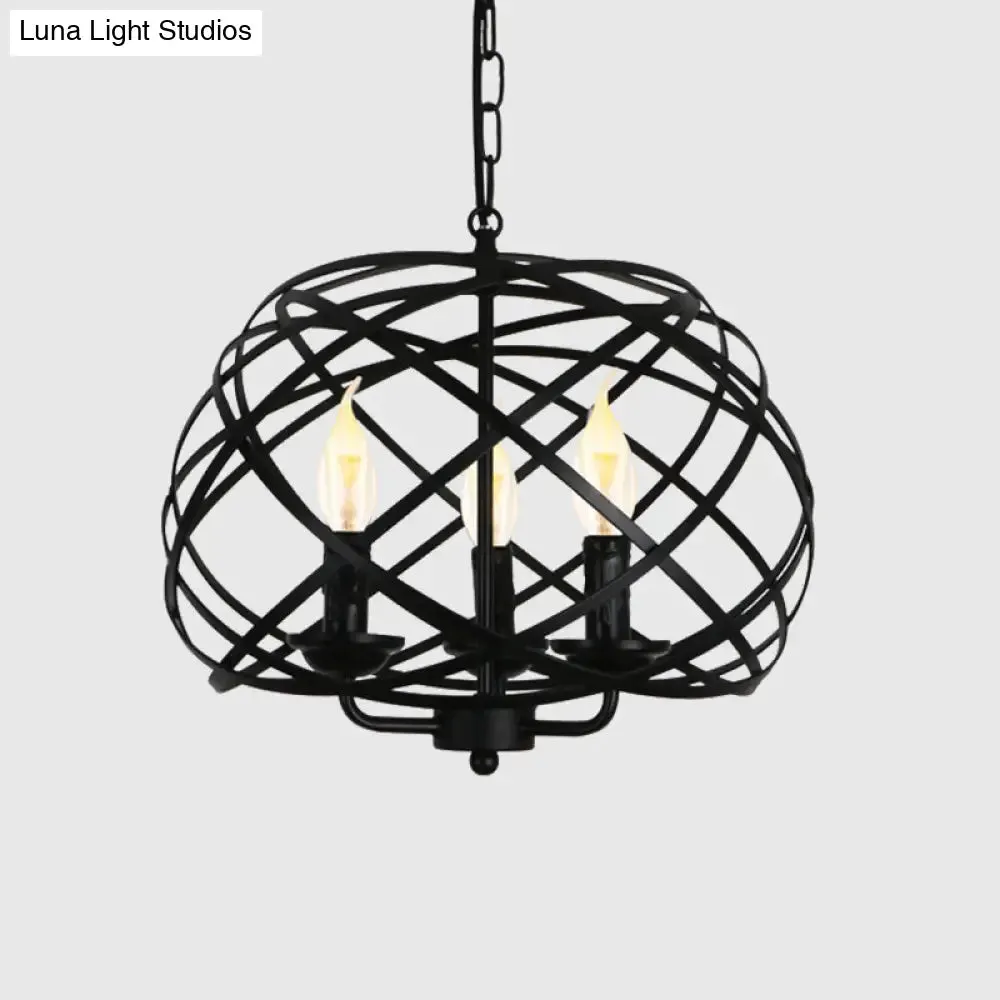 Black Metal Geometric Ceiling Light with Cage Shade - Industrial Kitchen Chandelier (3 Bulbs Included)