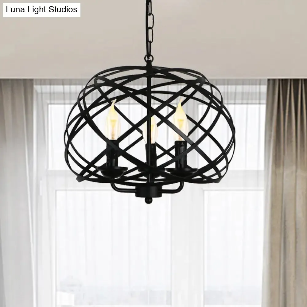 Black Metal Geometric Ceiling Light with Cage Shade - Industrial Kitchen Chandelier (3 Bulbs Included)