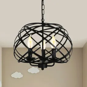 Black Metal Geometric Ceiling Light with Cage Shade - Industrial Kitchen Chandelier (3 Bulbs Included)