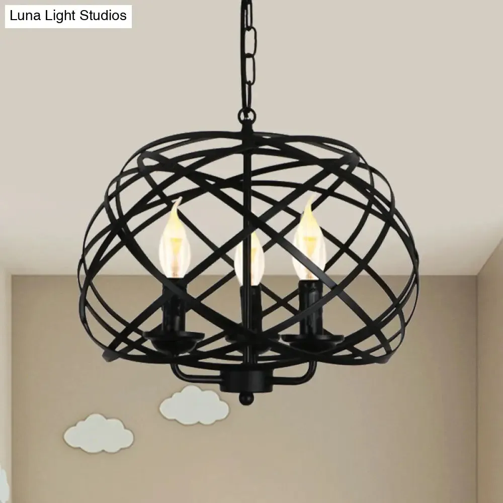 Black Metal Geometric Ceiling Light with Cage Shade - Industrial Kitchen Chandelier (3 Bulbs Included)