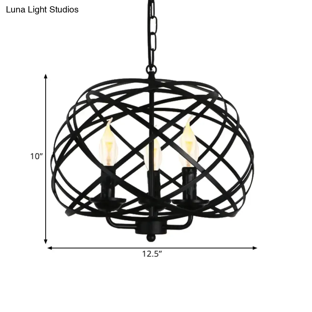 Black Metal Geometric Ceiling Light with Cage Shade - Industrial Kitchen Chandelier (3 Bulbs Included)