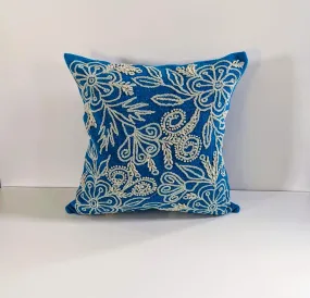 Blue Wool Pillow with White Embroidery