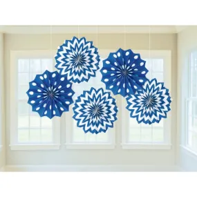 Bright Royal Blue Fan Decorations Printed Paper  8in 5pk