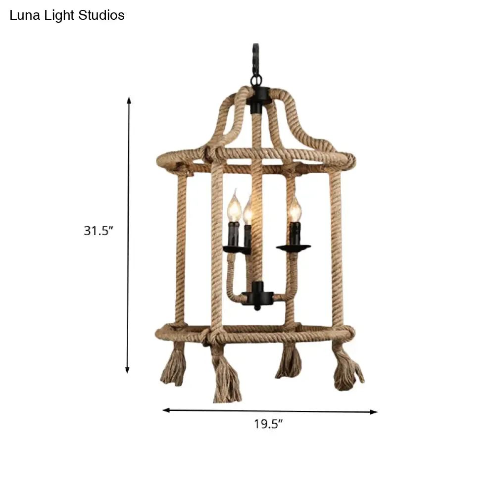 Brown Geometric Ceiling Light with Retro Style Cage Shade - Hemp Rope - 3 Lights - Dining Room Chandelier