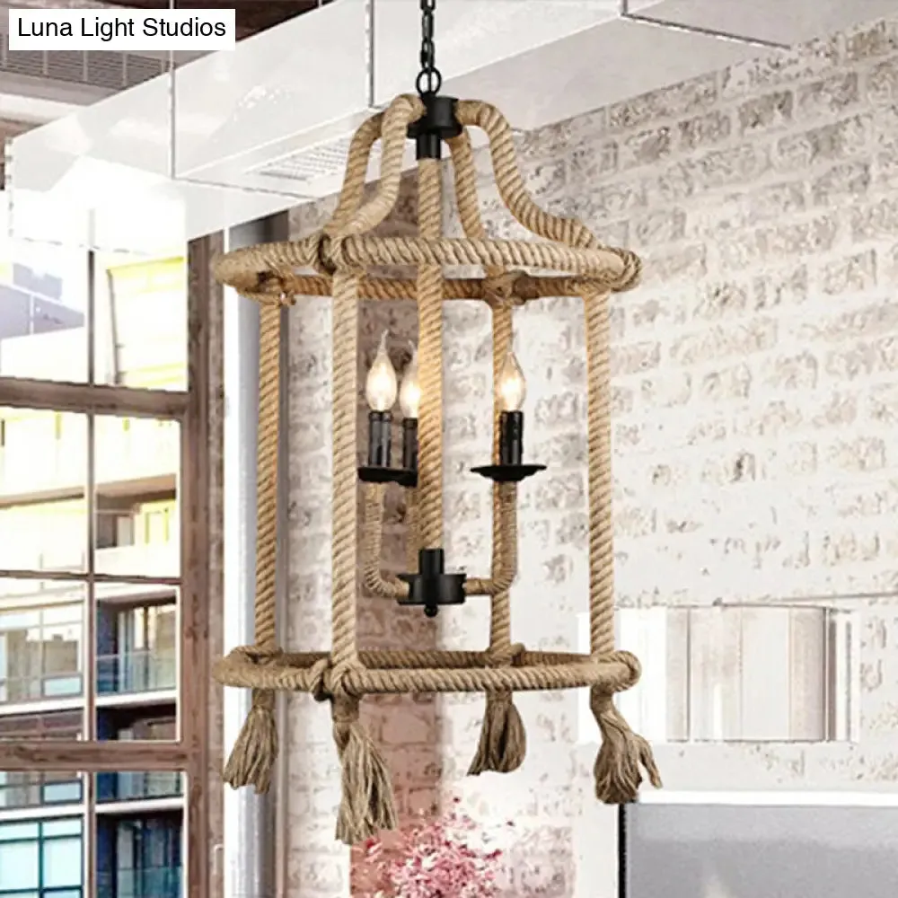 Brown Geometric Ceiling Light with Retro Style Cage Shade - Hemp Rope - 3 Lights - Dining Room Chandelier