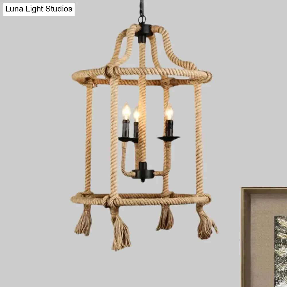 Brown Geometric Ceiling Light with Retro Style Cage Shade - Hemp Rope - 3 Lights - Dining Room Chandelier