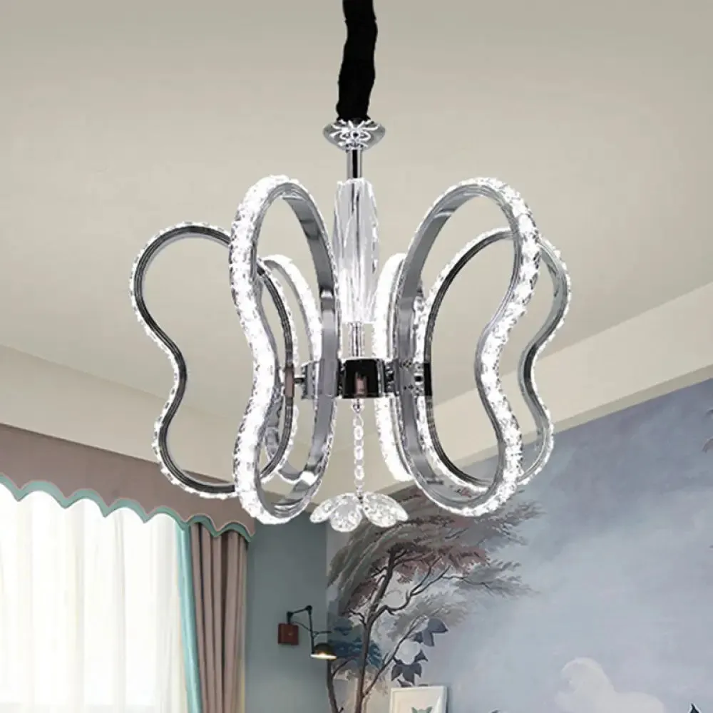 Butterfly Crystal LED Pendant Chandelier in Chrome - Restaurant Ceiling Hanging Light with Warm/White Glow