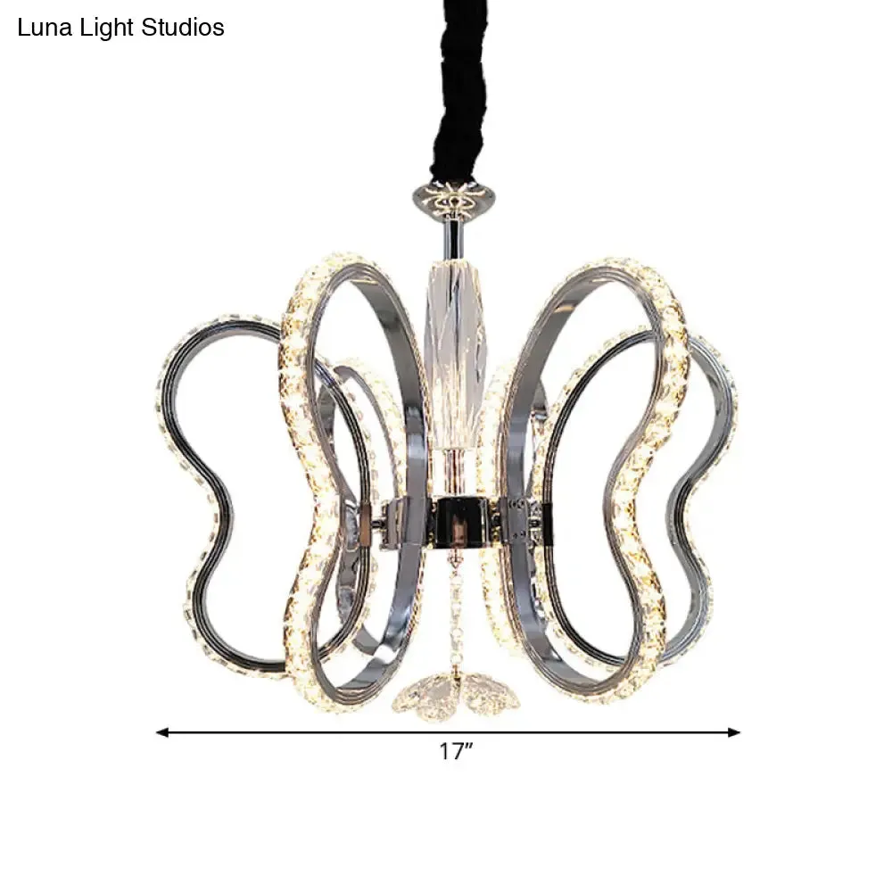 Butterfly Crystal LED Pendant Chandelier in Chrome - Restaurant Ceiling Hanging Light with Warm/White Glow