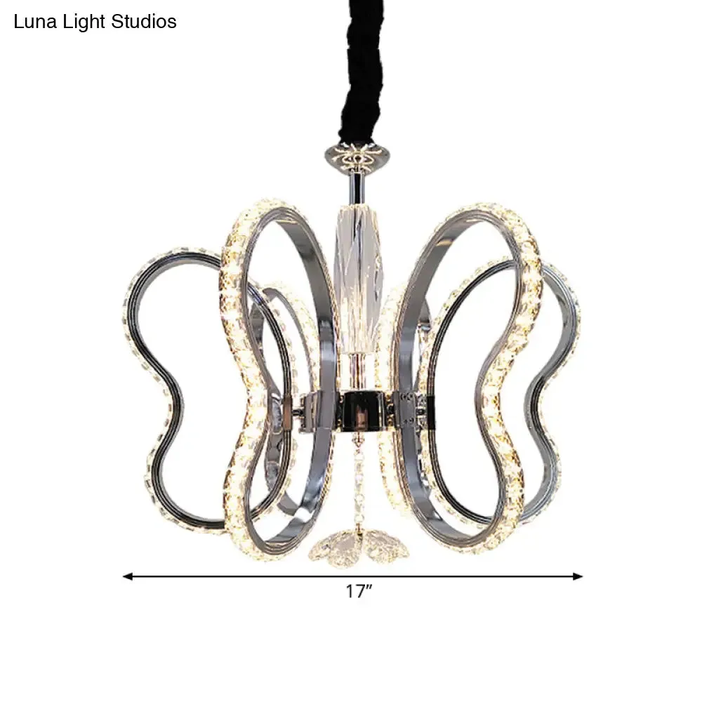 Butterfly Crystal LED Pendant Chandelier in Chrome - Restaurant Ceiling Hanging Light with Warm/White Glow