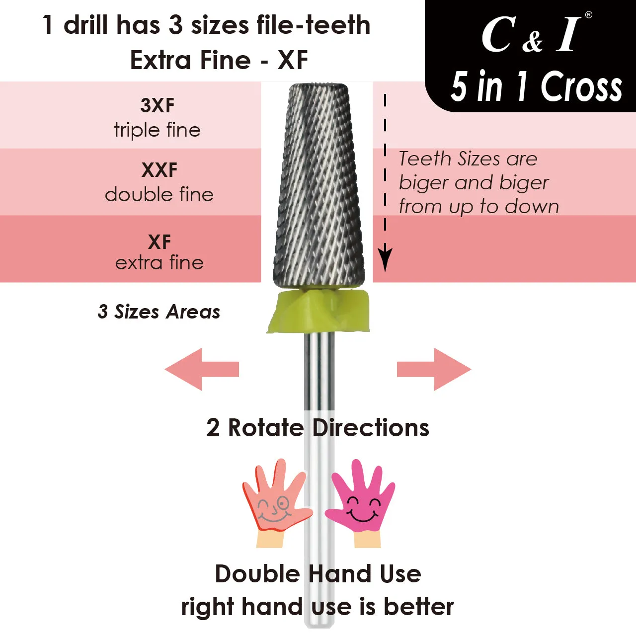 C&I Nail Drill 5 in 1 Crossed File-Teeth Version E-File for Electric Nail Drill Machine Professional E File for Nail Techs