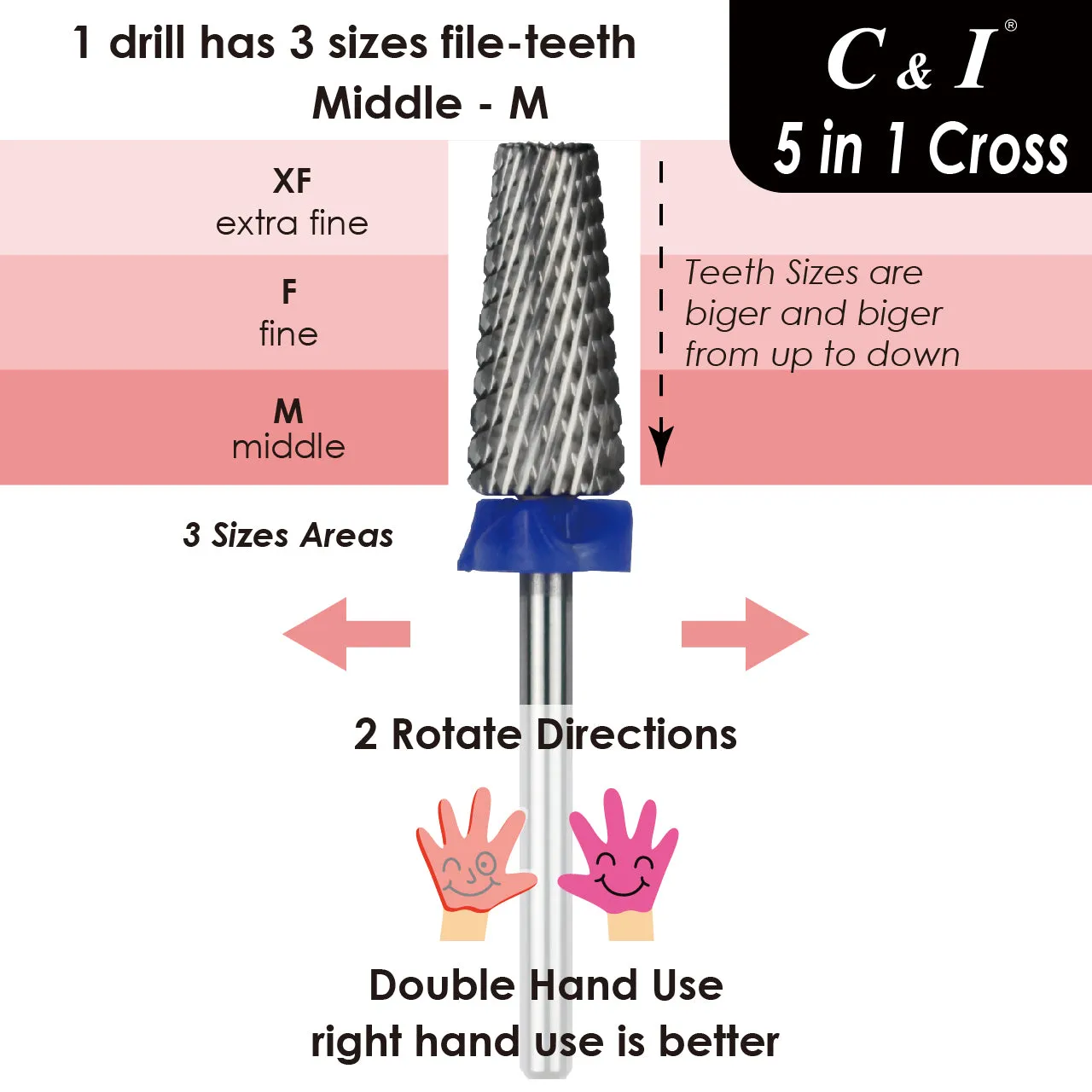 C&I Nail Drill 5 in 1 Crossed File-Teeth Version E-File for Electric Nail Drill Machine Professional E File for Nail Techs