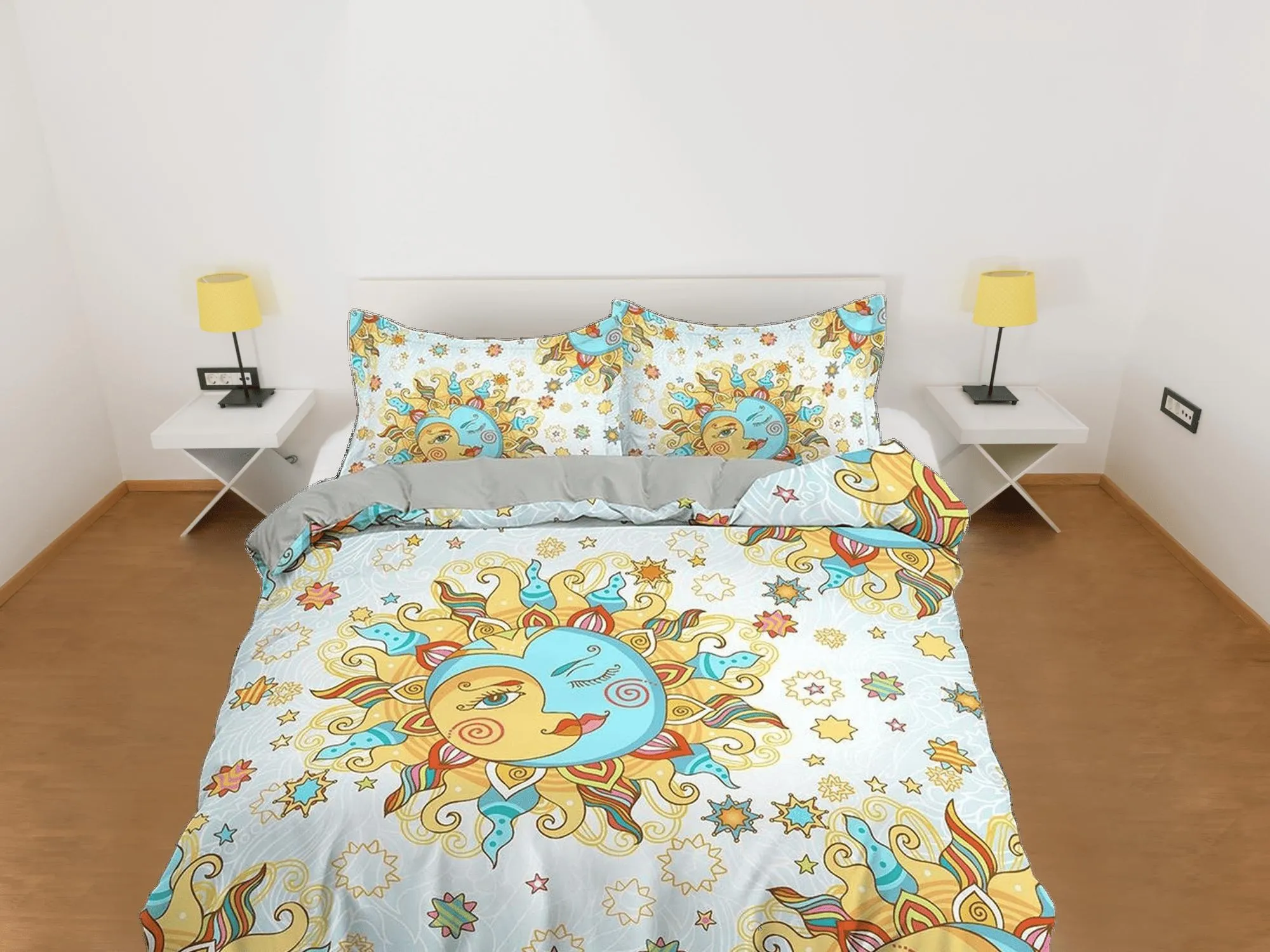 Celestial white bedding sun and moon, witchy decor dorm bedding aesthetic duvet, boho bedding set full king queen, astrology gift gothic art