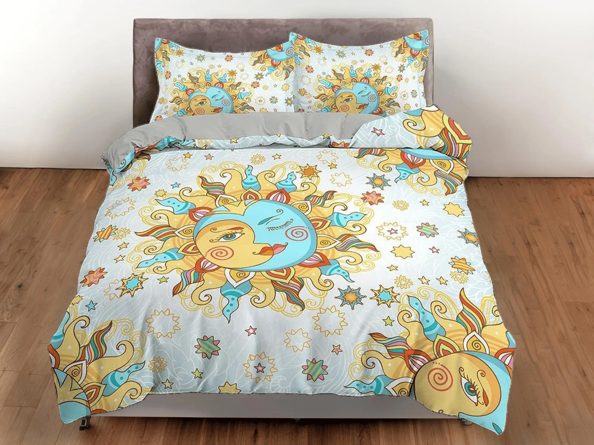 Celestial white bedding sun and moon, witchy decor dorm bedding aesthetic duvet, boho bedding set full king queen, astrology gift gothic art