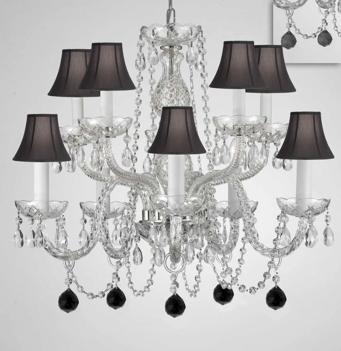 Chandelier Lighting Crystal Chandeliers H25" X W24" 10 Lights - Dressed w/ Jet Black Crystal Balls! Great for Dining Room, Foyer, Entry Way, Living Room, Bedroom, Kitchen! w/Black Shades - G46-B95/BLACKSHADES/CS/1122/5 5