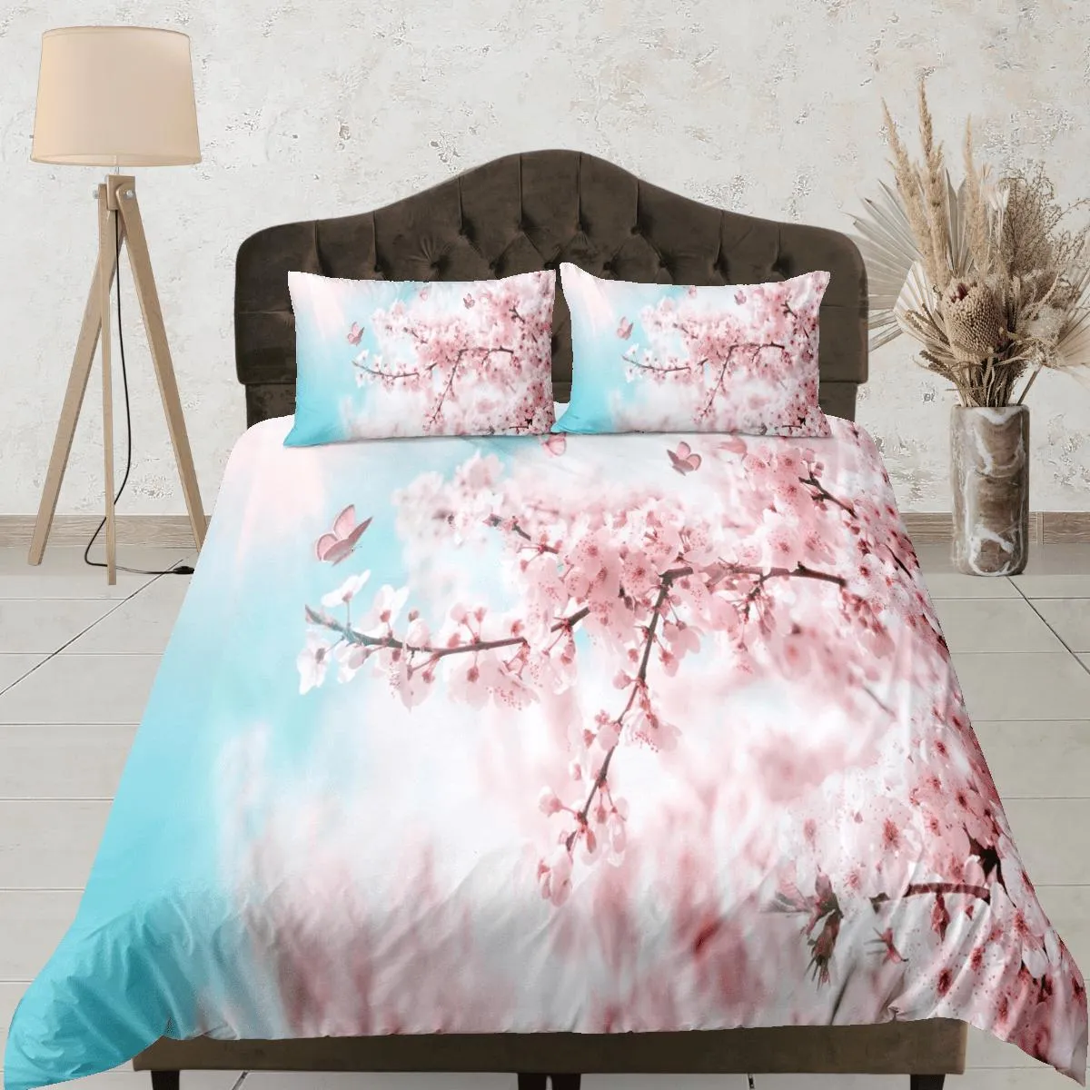 Cherry blossom tree bedding floral prints duvet cover queen, king, boho bedding designer bedspread maximalist full size bedding aesthetic