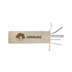 Children's Day Gift Series Little Boy Facing Left Addname SB 4-in-1 Stainless Steel Straw Set In a Satchel