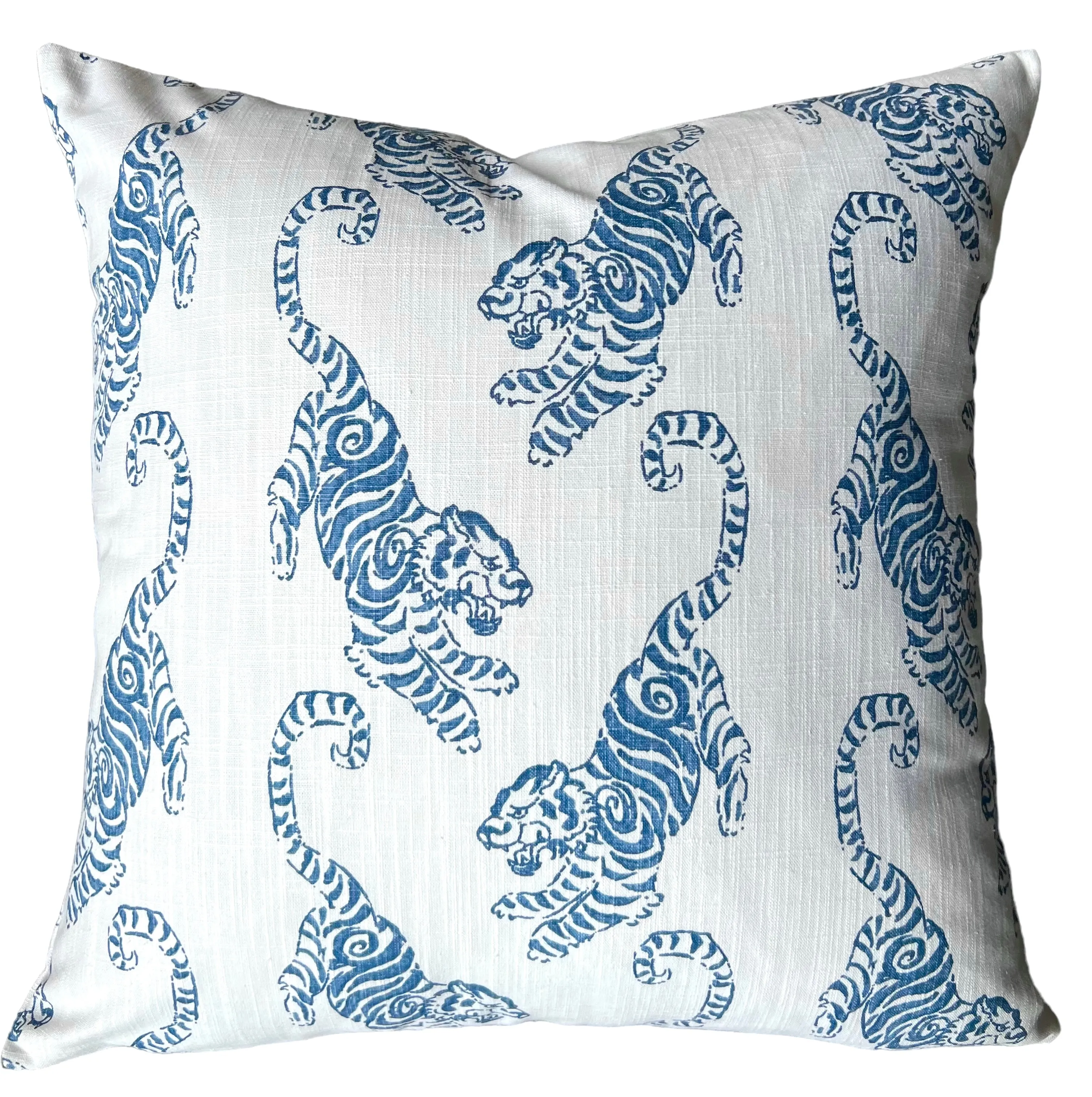 Chinoiserie Blue or Green Tigers on White Decorative Pillow Cover