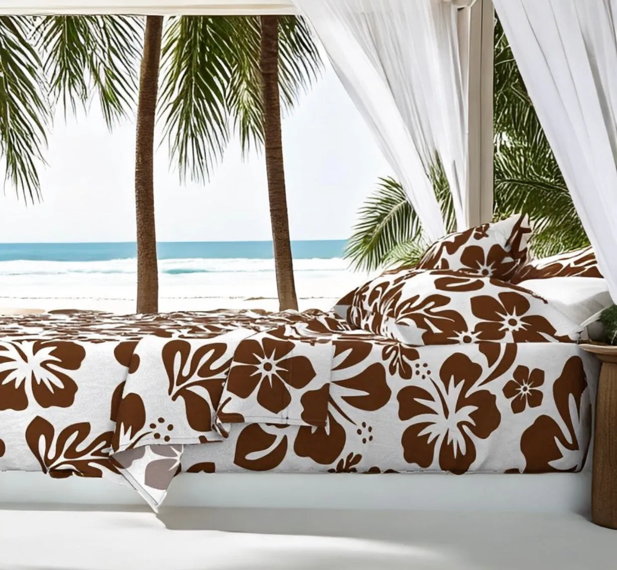 Chocolate Brown Hawaiian Flowers on White Sheet Set from Surfer Bedding™️ Medium Scale