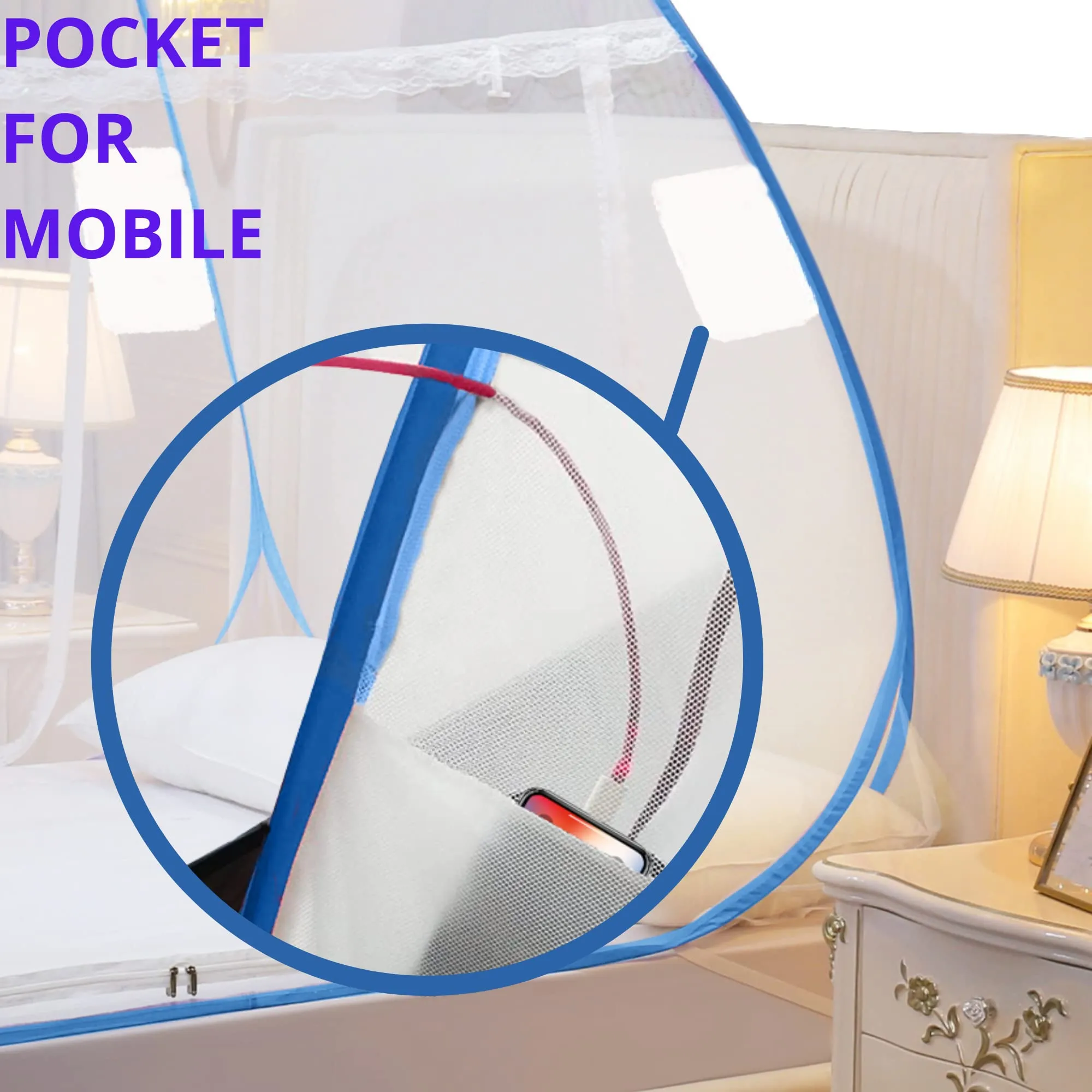 Classic Mosquito Net for Double Bed | King Size with a Mobile Pocket | Foldable Machardani | Polyester 30GSM Strong Net | PVC Coated Corrosion Resistant Steel Wire - Blue