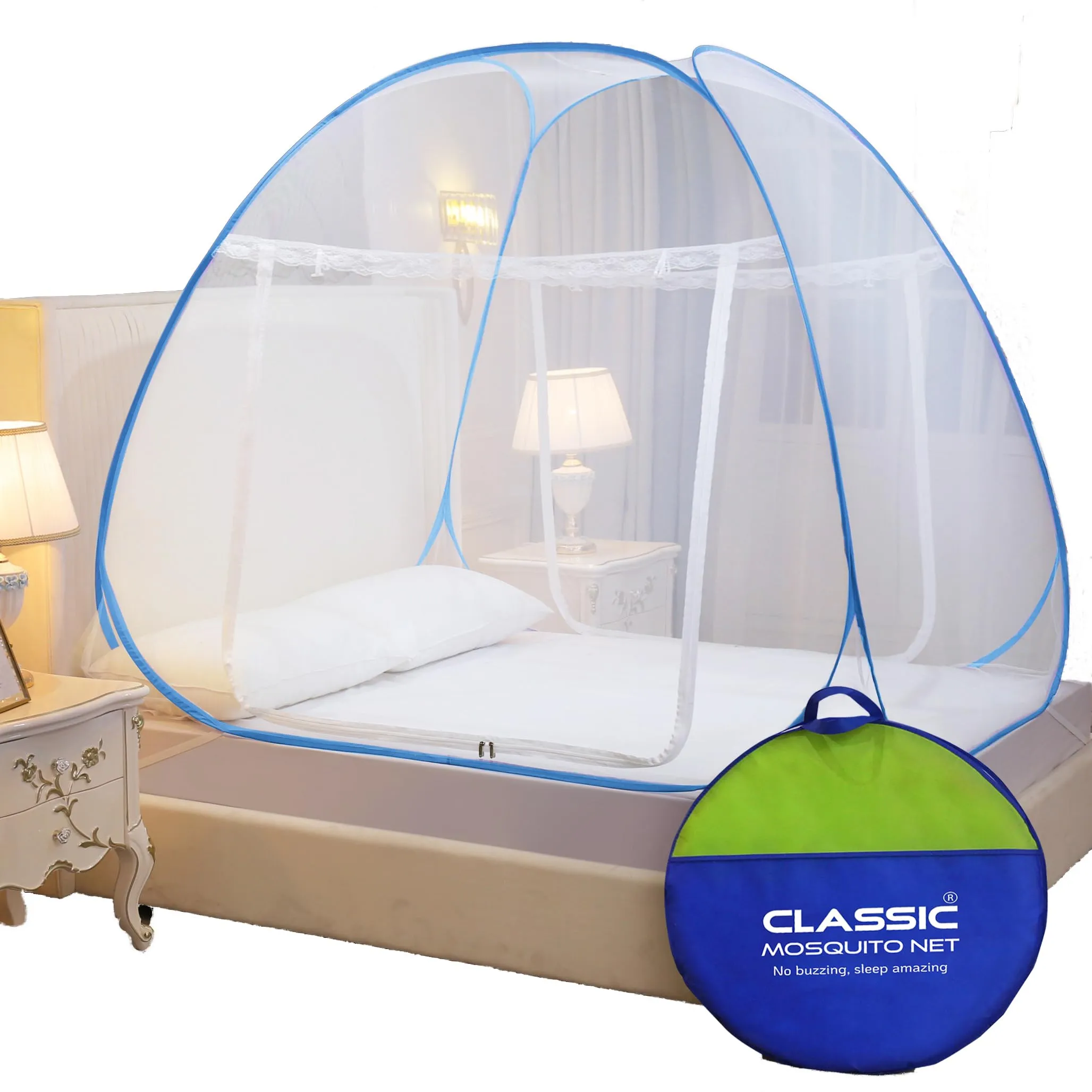 Classic Mosquito Net for Double Bed | King Size with a Mobile Pocket | Foldable Machardani | Polyester 30GSM Strong Net | PVC Coated Corrosion Resistant Steel Wire - Blue