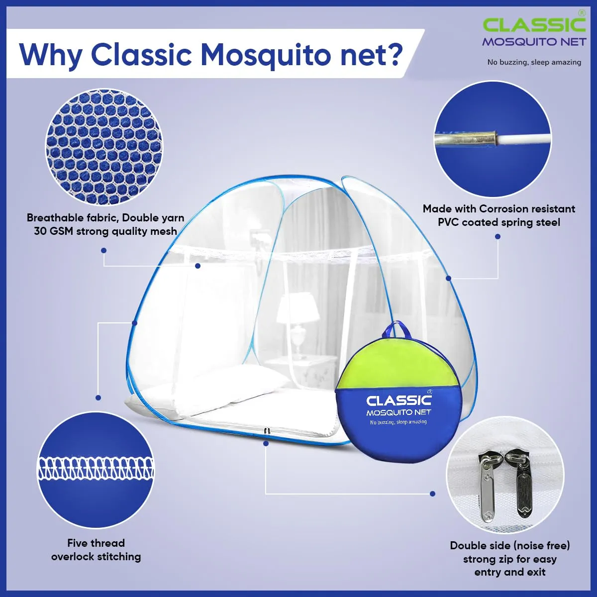 Classic Mosquito Net for Double Bed | King Size with a Mobile Pocket | Foldable Machardani | Polyester 30GSM Strong Net | PVC Coated Corrosion Resistant Steel Wire - Blue