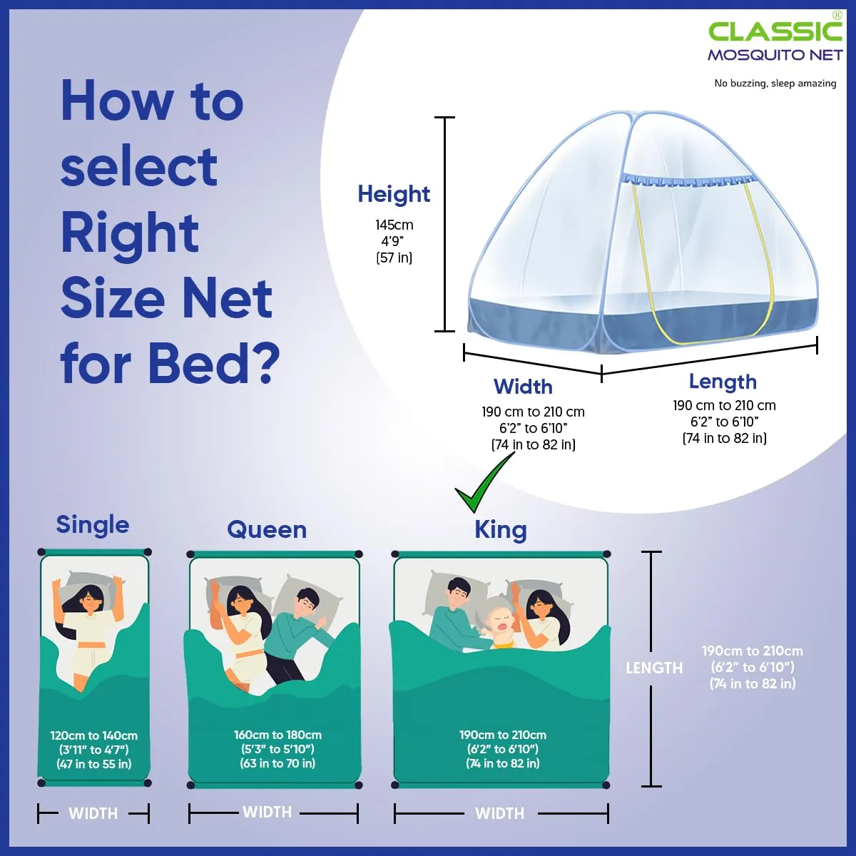 Classic Mosquito Net for Double Bed | King Size with a Mobile Pocket | Foldable Machardani | Polyester 30GSM Strong Net | PVC Coated Corrosion Resistant Steel Wire - Blue