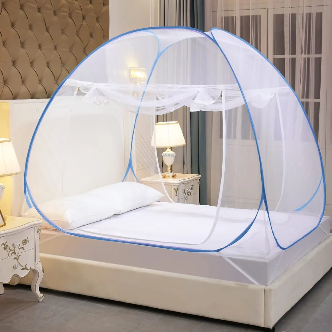 Classic Mosquito Net for Double Bed | King Size with a Mobile Pocket | Foldable Machardani | Polyester 30GSM Strong Net | PVC Coated Corrosion Resistant Steel Wire - Blue