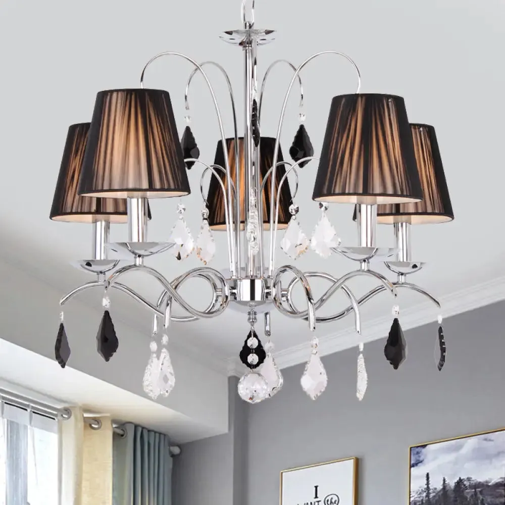 Contemporary Black 5-Light Chandelier with Swirled Arm, Pleated Fabric Shade - Ceiling Fixture