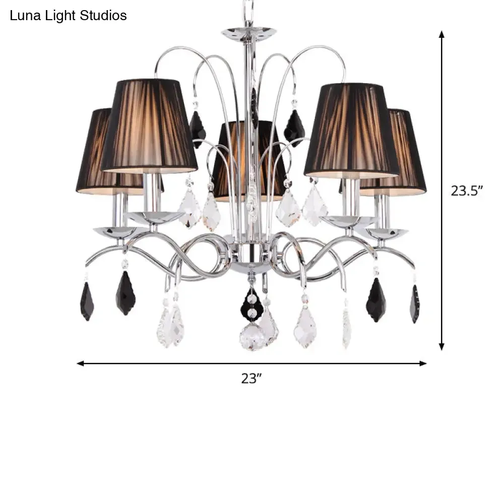 Contemporary Black 5-Light Chandelier with Swirled Arm, Pleated Fabric Shade - Ceiling Fixture