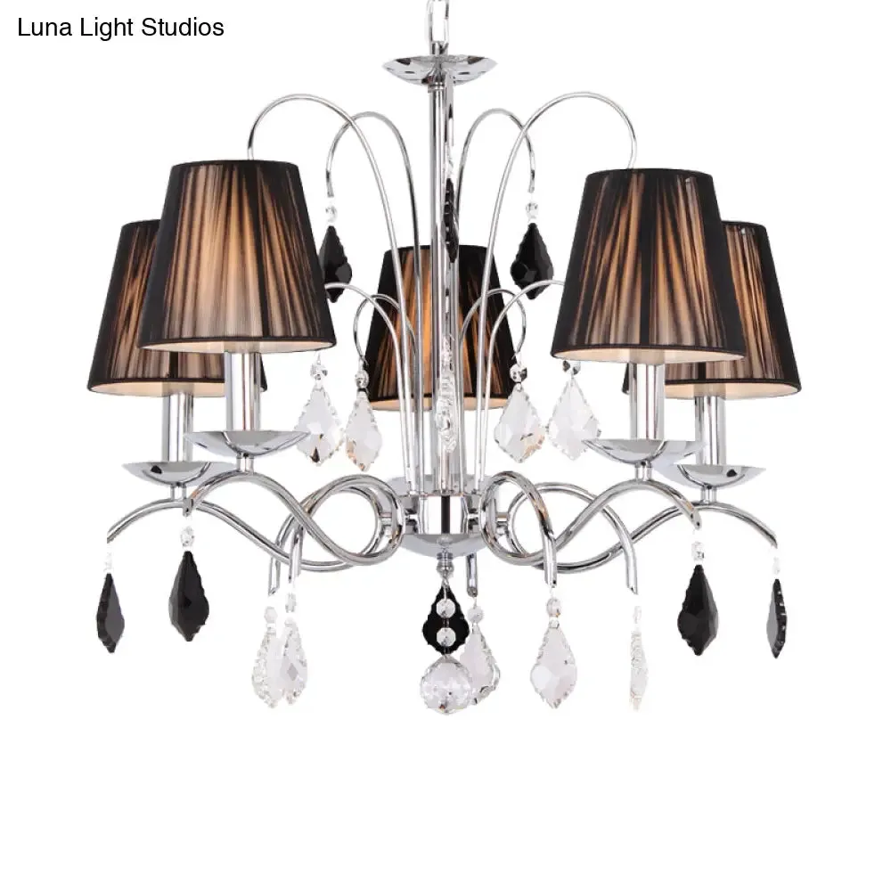 Contemporary Black 5-Light Chandelier with Swirled Arm, Pleated Fabric Shade - Ceiling Fixture