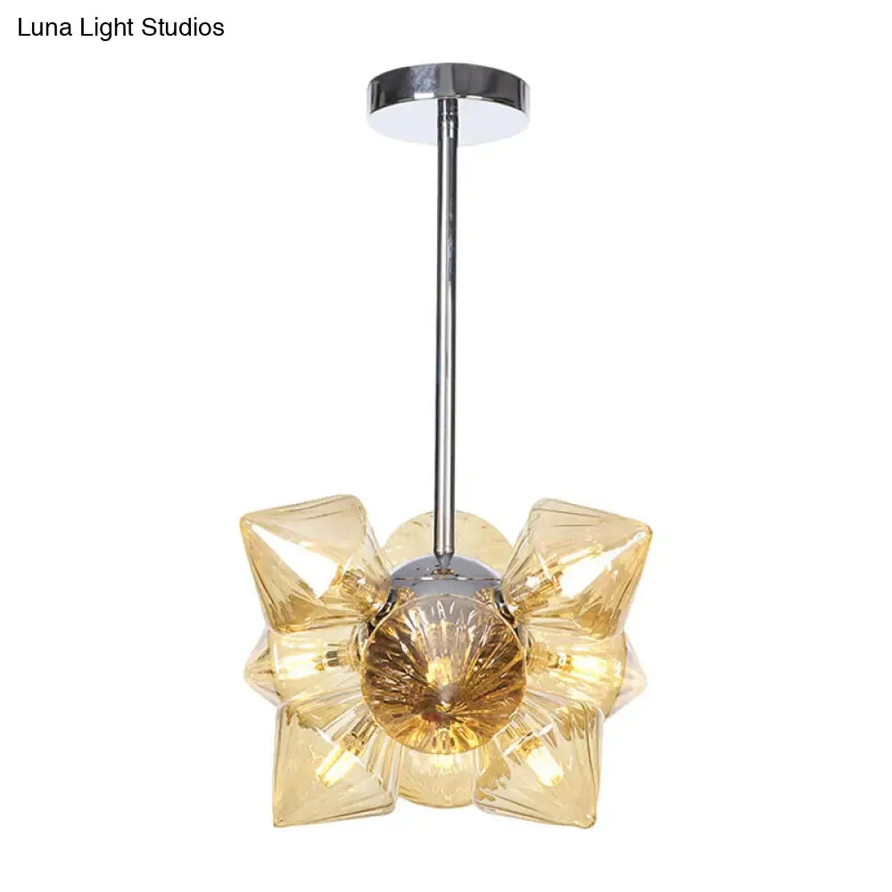 Contemporary Chrome Diamond Chandelier Lamp - 9/12 Bulb Amber Glass Ceiling Fixture