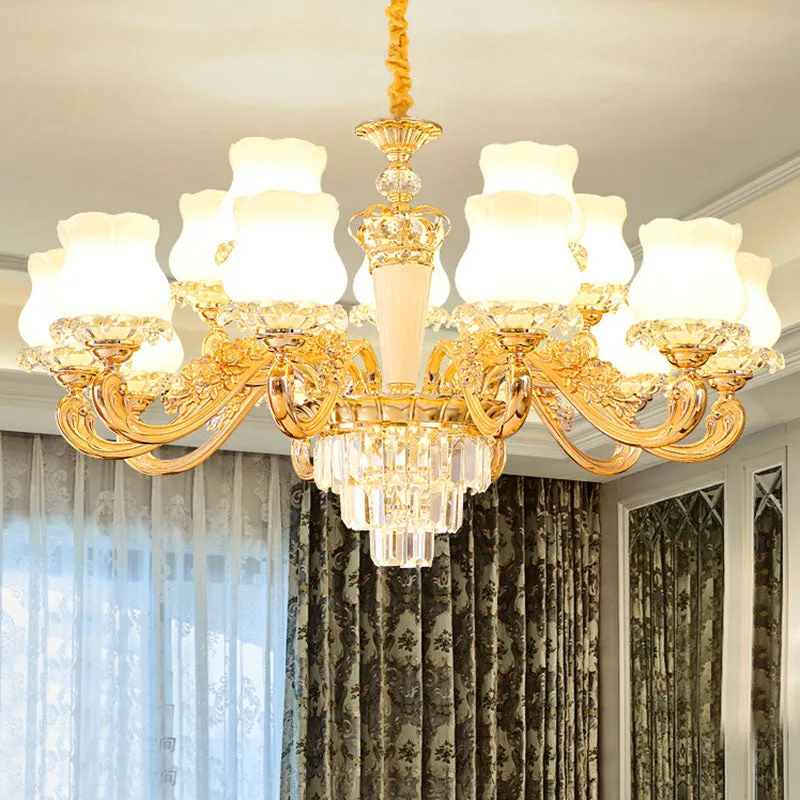 Contemporary Gold Bud Drop Lamp: Milky Glass Chandelier for Dining Room