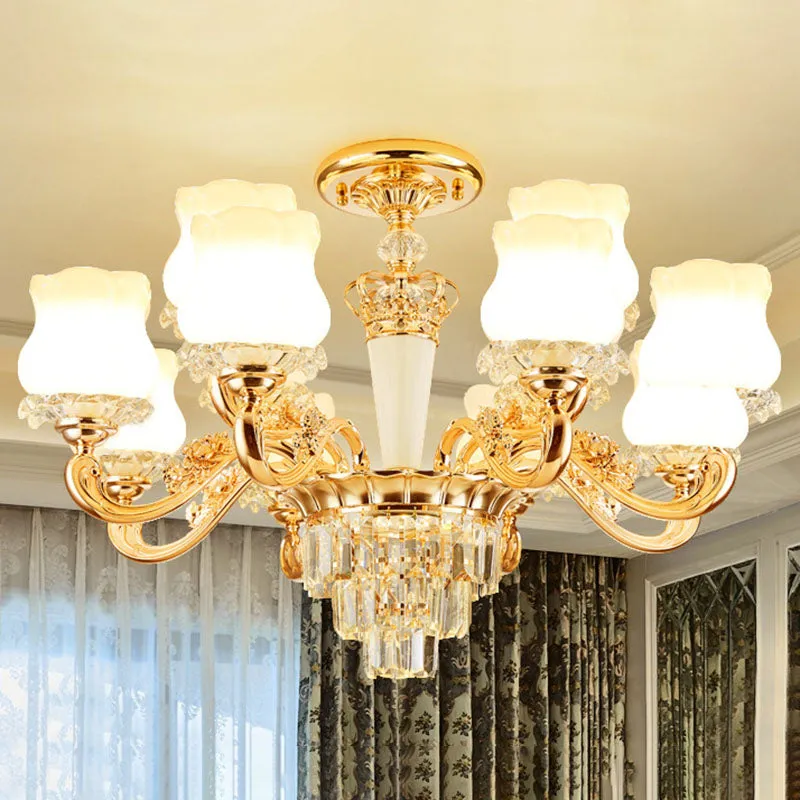 Contemporary Gold Bud Drop Lamp: Milky Glass Chandelier for Dining Room