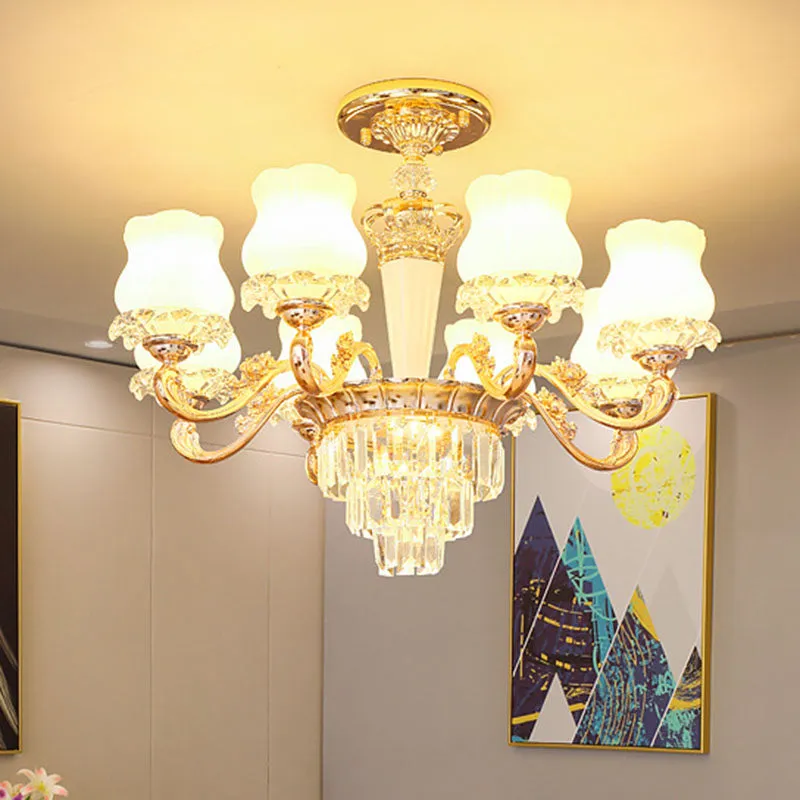 Contemporary Gold Bud Drop Lamp: Milky Glass Chandelier for Dining Room