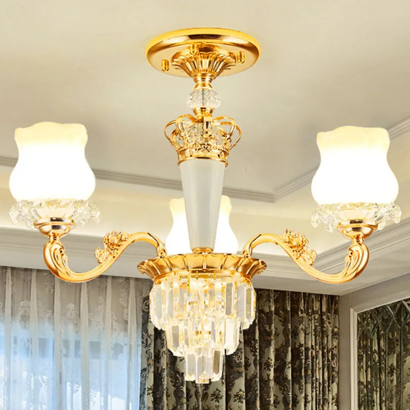 Contemporary Gold Bud Drop Lamp: Milky Glass Chandelier for Dining Room