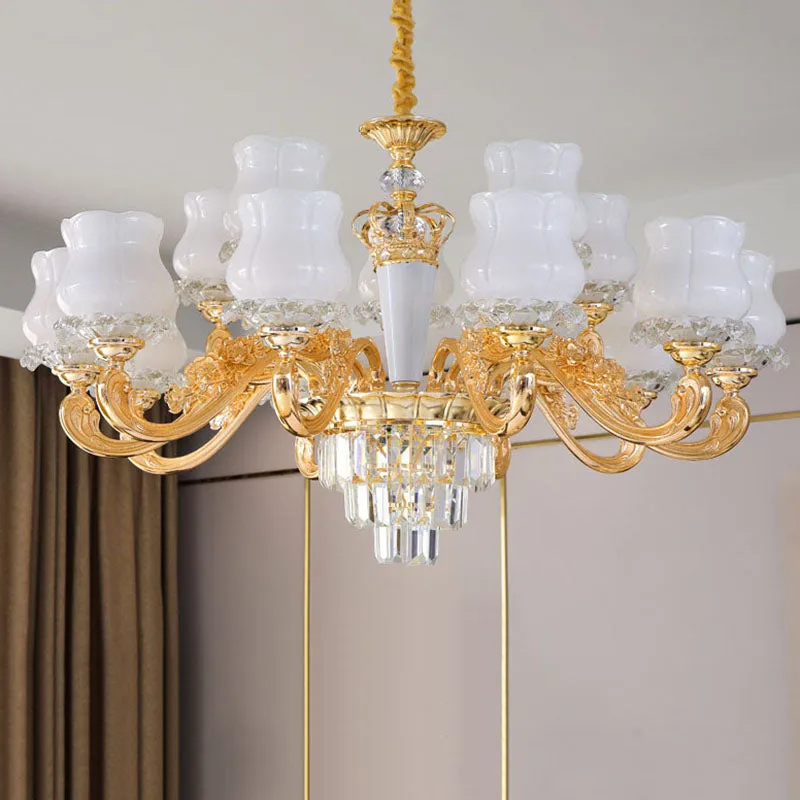 Contemporary Gold Bud Drop Lamp: Milky Glass Chandelier for Dining Room