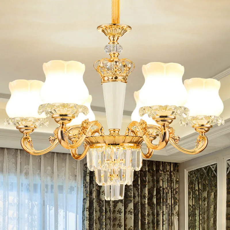 Contemporary Gold Bud Drop Lamp: Milky Glass Chandelier for Dining Room