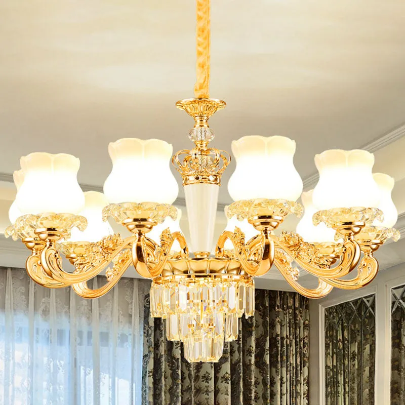 Contemporary Gold Bud Drop Lamp: Milky Glass Chandelier for Dining Room