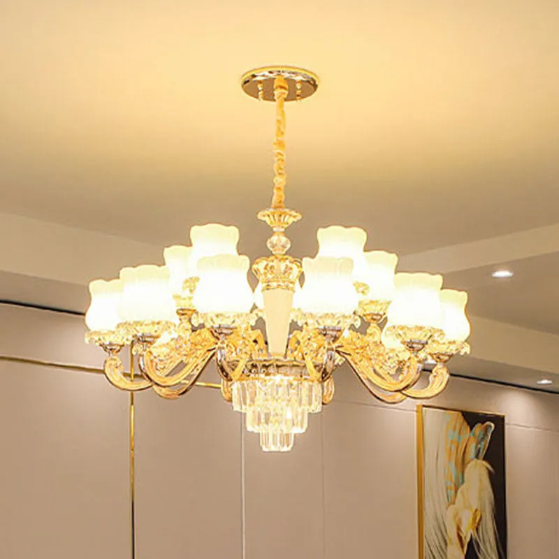 Contemporary Gold Bud Drop Lamp: Milky Glass Chandelier for Dining Room